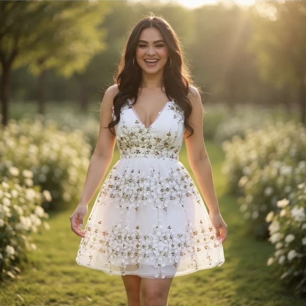 Fashion Nova ✦ Floral Embroidered Mini Dress ✦ Off‑White V‑Neck Adjustable L NWT - Picture 5 of 10
